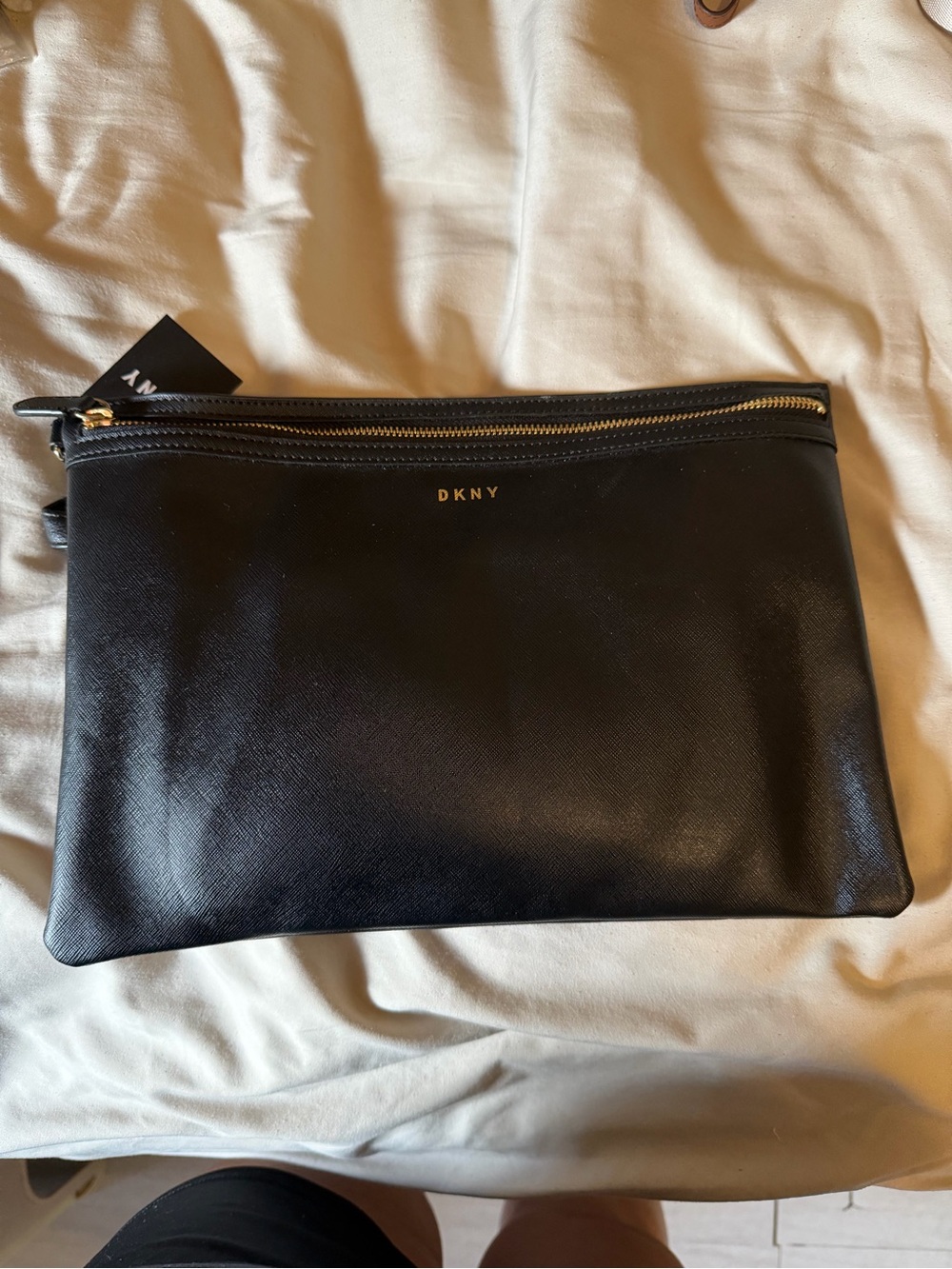 DKNY Black Leather Wristlet Clutch with Gold Accents